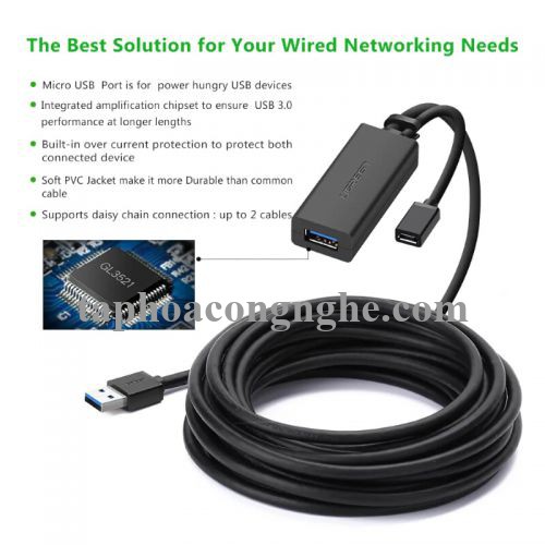 Ugreen 20827 10M màu Đen Cáp tín hiệu nối dài USB 3.0 hỗ trợ nguồn MICRO USB US175 30020827